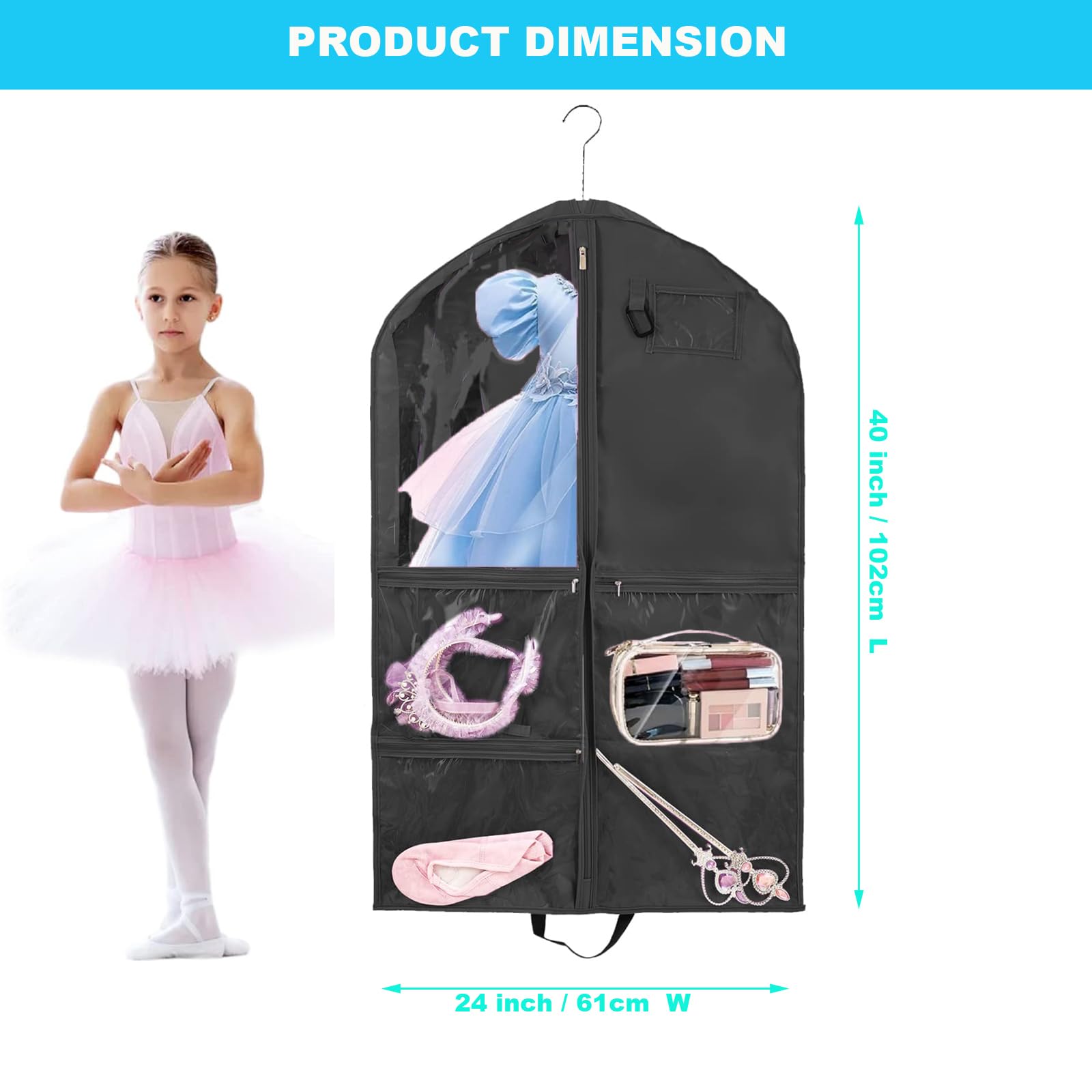 40Inch Garment Bag for Hanging Clothes, Waterproof Dance Costume Bags, Gusseted Hanging Garment Bags for Travel Storage, Kids Garment Bag, Garment Bag for Dance Competitions （Rose red-1 pack）