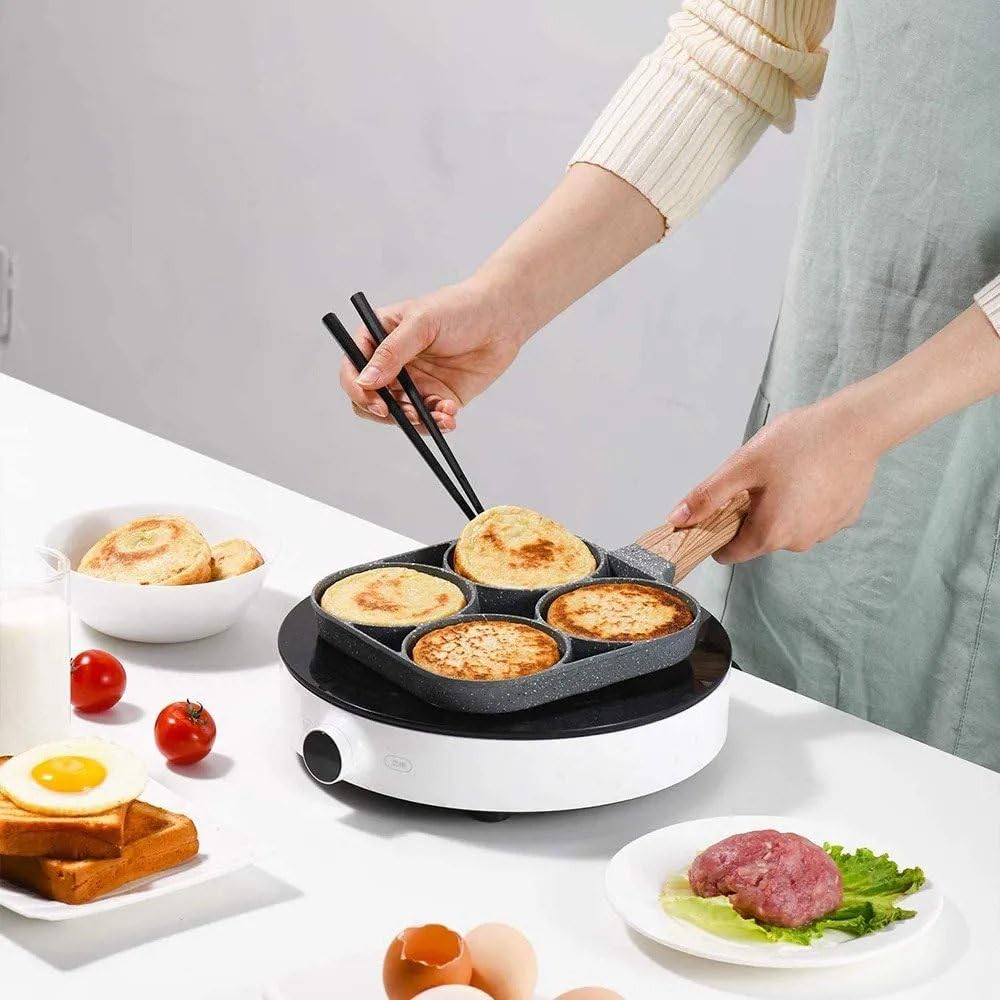 Fry Pan For Egg, Non Stick Ham Pancake Maker, Egg Burger Pan With Wooden Handle, 4 Holes, For Induction Cooker Gas Stove