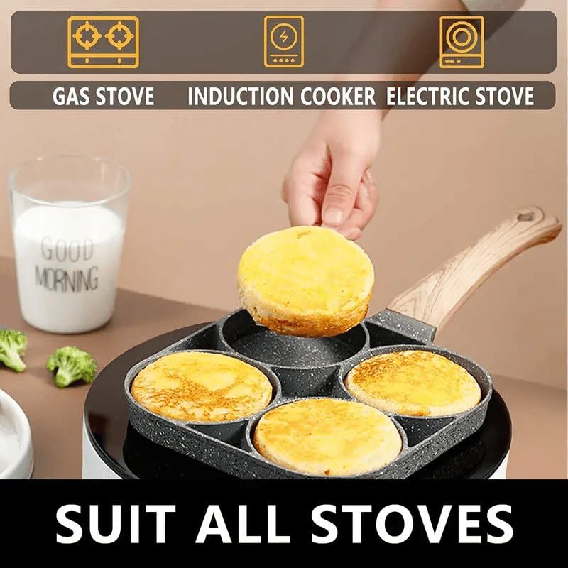 Fry Pan For Egg, Non Stick Ham Pancake Maker, Egg Burger Pan With Wooden Handle, 4 Holes, For Induction Cooker Gas Stove