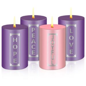 mtlee set of 4 christmas advent candles with words pillar candles advent wreath candles for adult home wedding advent rings wreaths church receptions celebrations, purple pink (2 x 3'')