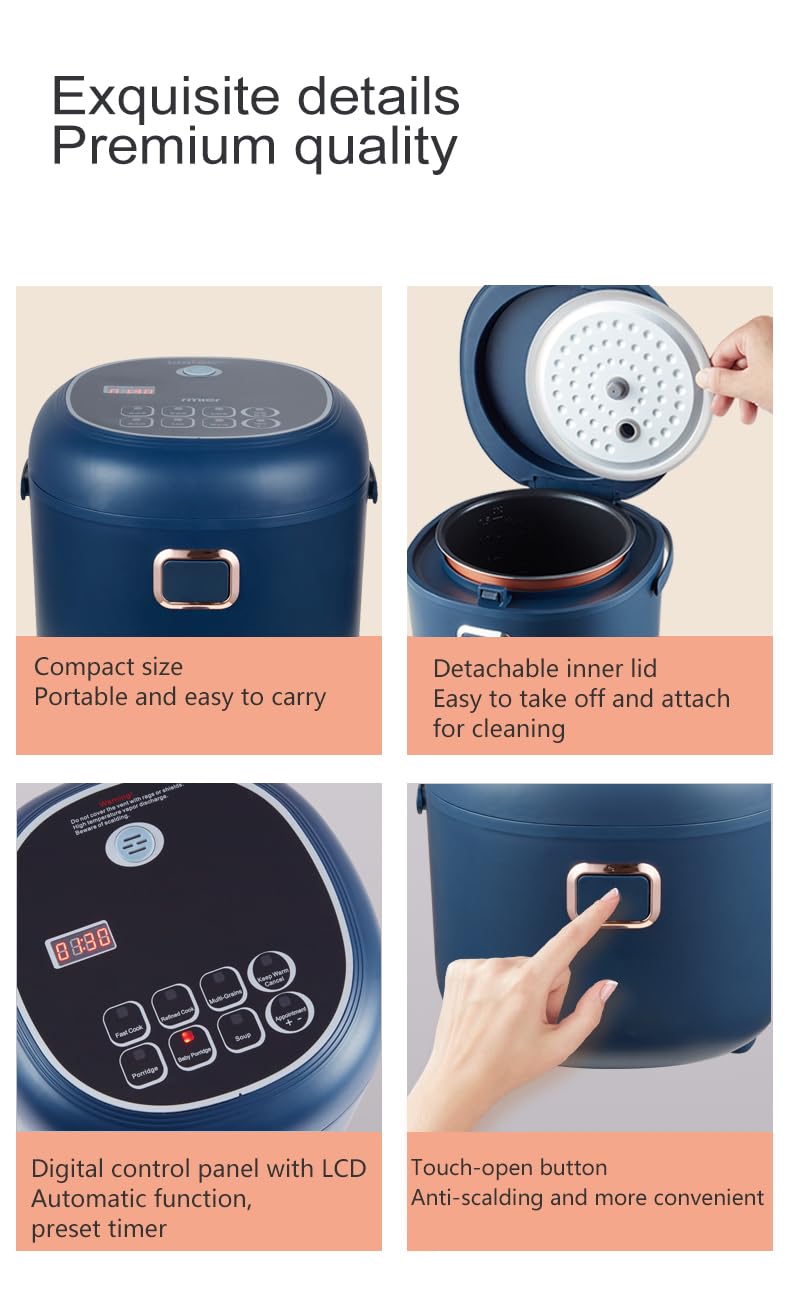 AMIEROUS 12V/24V Mini Rice Cooker, 2L Portable Travel Rice Cooker For Car/Truck, Small Rice Cooker with Steam Tray, Cooking Heating and Keeping Warm Function(Blue)