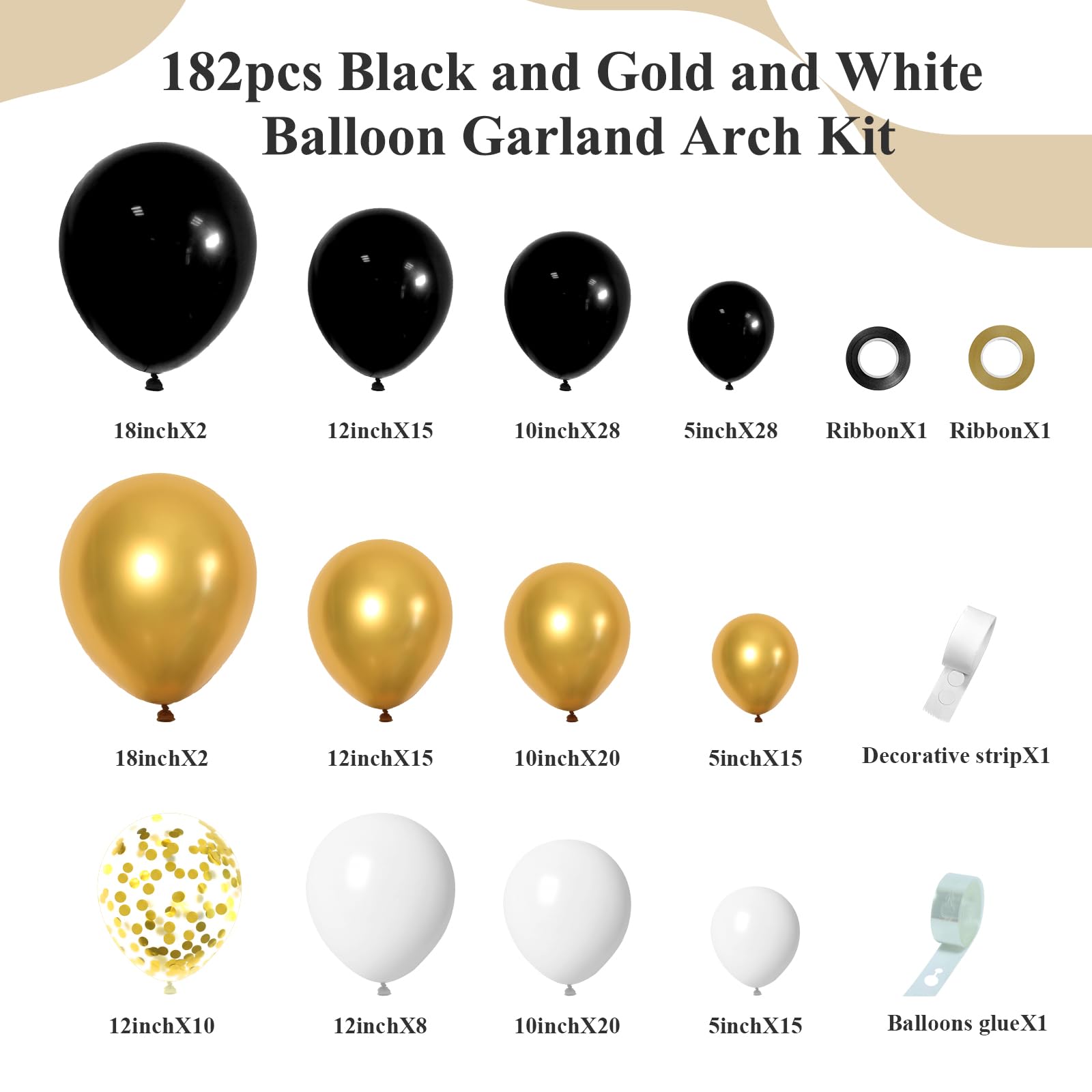 182pcs Black and Gold Balloons Garland Arch Kit, 5 10 12 18 inch Black White Metallic Gold Confetti Latex Balloons for 2024 Graduation Decorations Anniversary Birthday Party Decorations