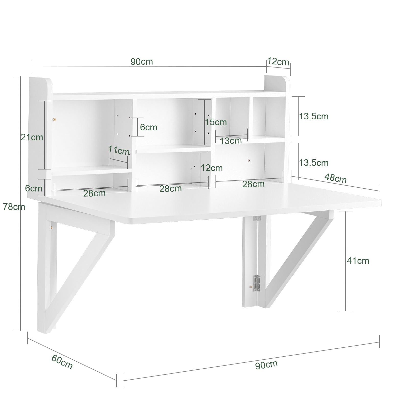 Haotian Wall Mounted Folding Table Drop-Leaf Floating Desk Trestle Desk Computer Table Writing Workstation with Storage Compartments, White, FWT07-II-W