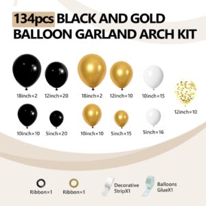 134Pcs Black And Gold Balloon Garland Arch Kit 18 12 10 5inch Latex Balloon Set for 2024 Graduation Decorations Shower Wedding Bachelorette Birthday Party New Year Decorations