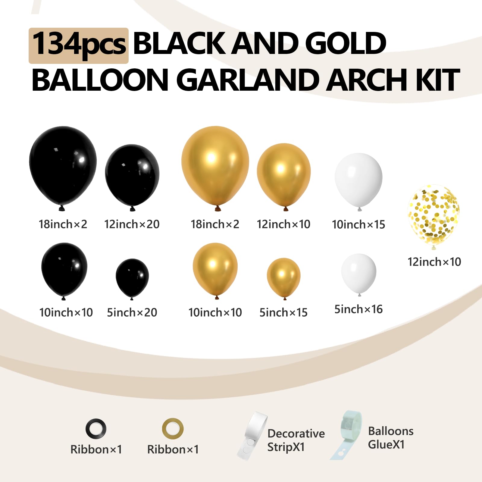 134Pcs Black And Gold Balloon Garland Arch Kit 18 12 10 5inch Latex Balloon Set for 2024 Graduation Decorations Shower Wedding Bachelorette Birthday Party New Year Decorations