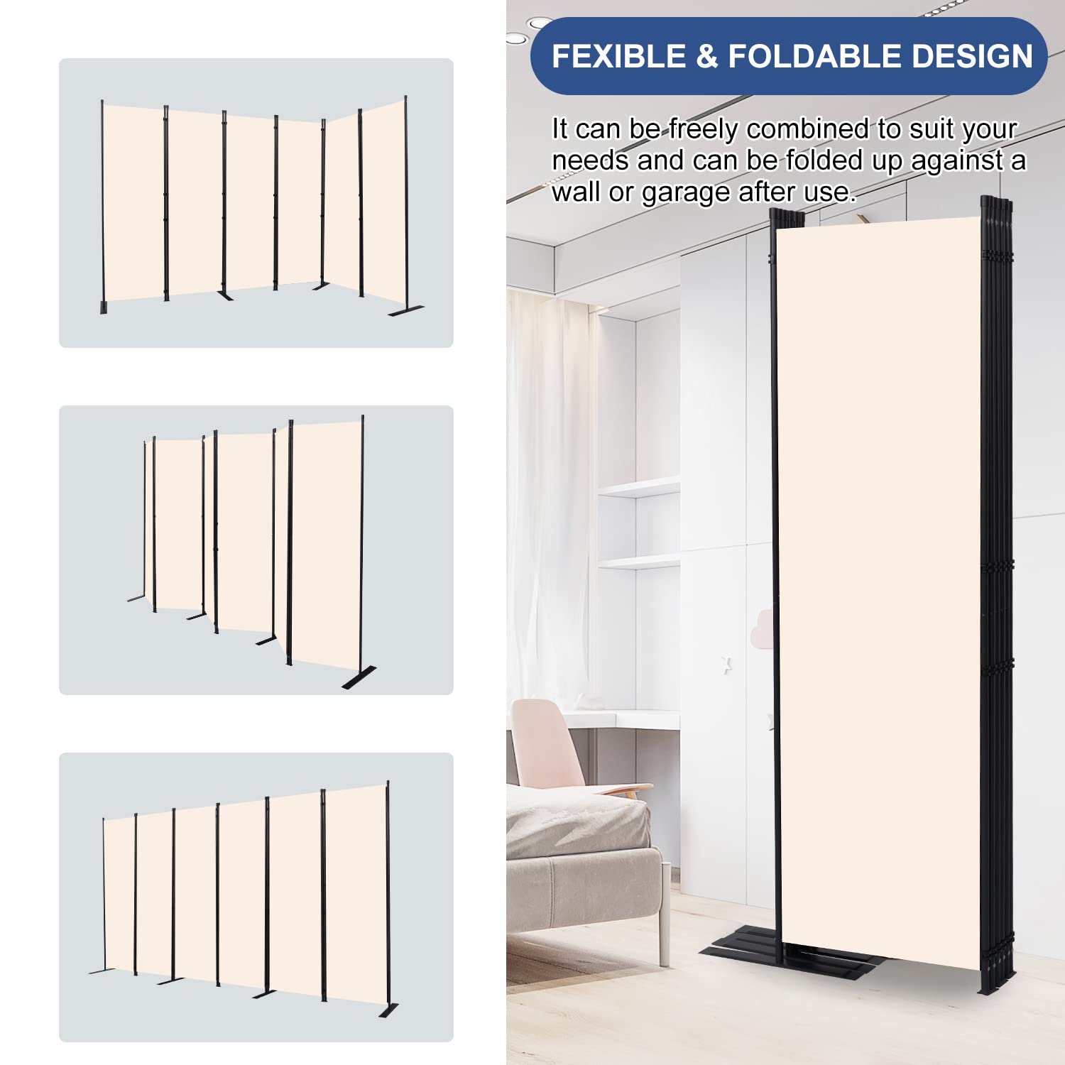 Room Divider and Folding Privacy Screens， 6 Panel Wide Room Divider Wall Screen for Room Separtition, Partition Room Dividers Fabric Panel Wall Dividers Freestanding for Office, Bedroom, Studio Dorm