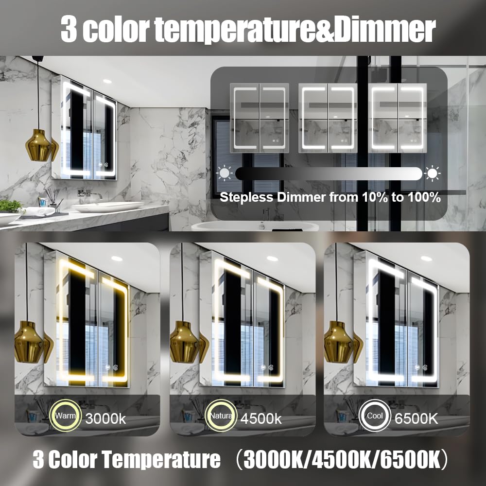 Janboe Stainless Steel LED Medicine Cabinet,Bathroom Mirror Cabinet with Light,3 Color,Dimmable,Equipped with Defogger,USB Shavor Socket,Internal Light,30×32 Inch