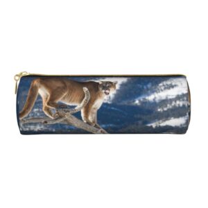 OUSIKA Panther Mountain Lion Round Pencil Bag Waterproof Leather Pen Case Makeup Bag Travel Toiletry Bag Organizer Case For Men Women