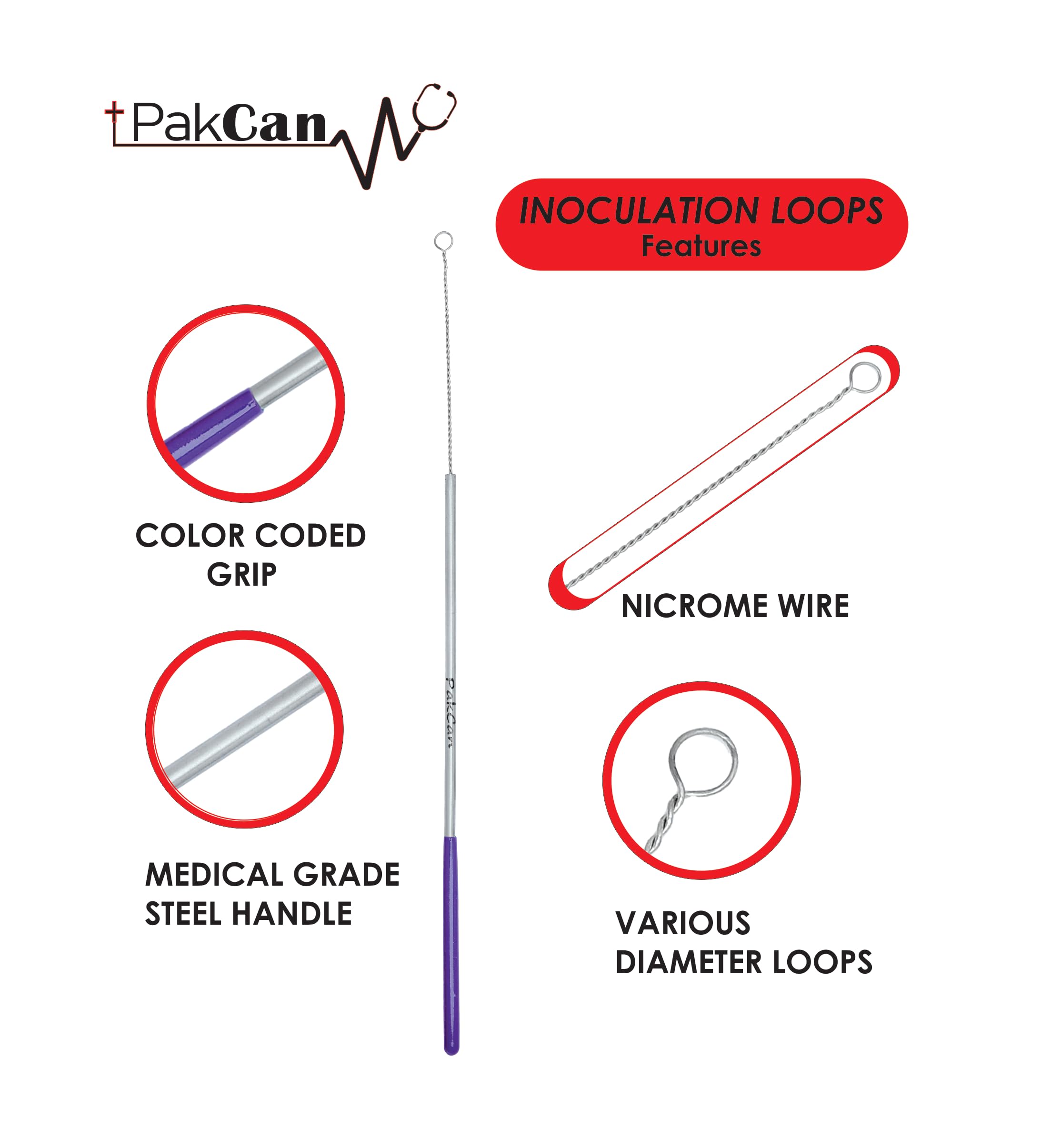 PakCan Reusable Inoculating Loops Set - Cell Streaking Tools Perfect for Bacteria Cell Tissue Culture (5 Pack)