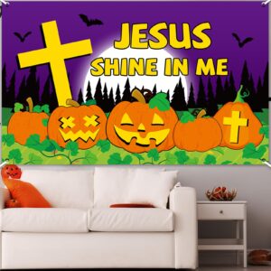 Halloween Christian Pumpkin Backdrop Banner Let Jesus Light Your Way Party Decor Halloween Jesus Pumpkin Background Wall Decor Halloween Religious Supplies for Kids Sunday School Decor 71 x 43 inch