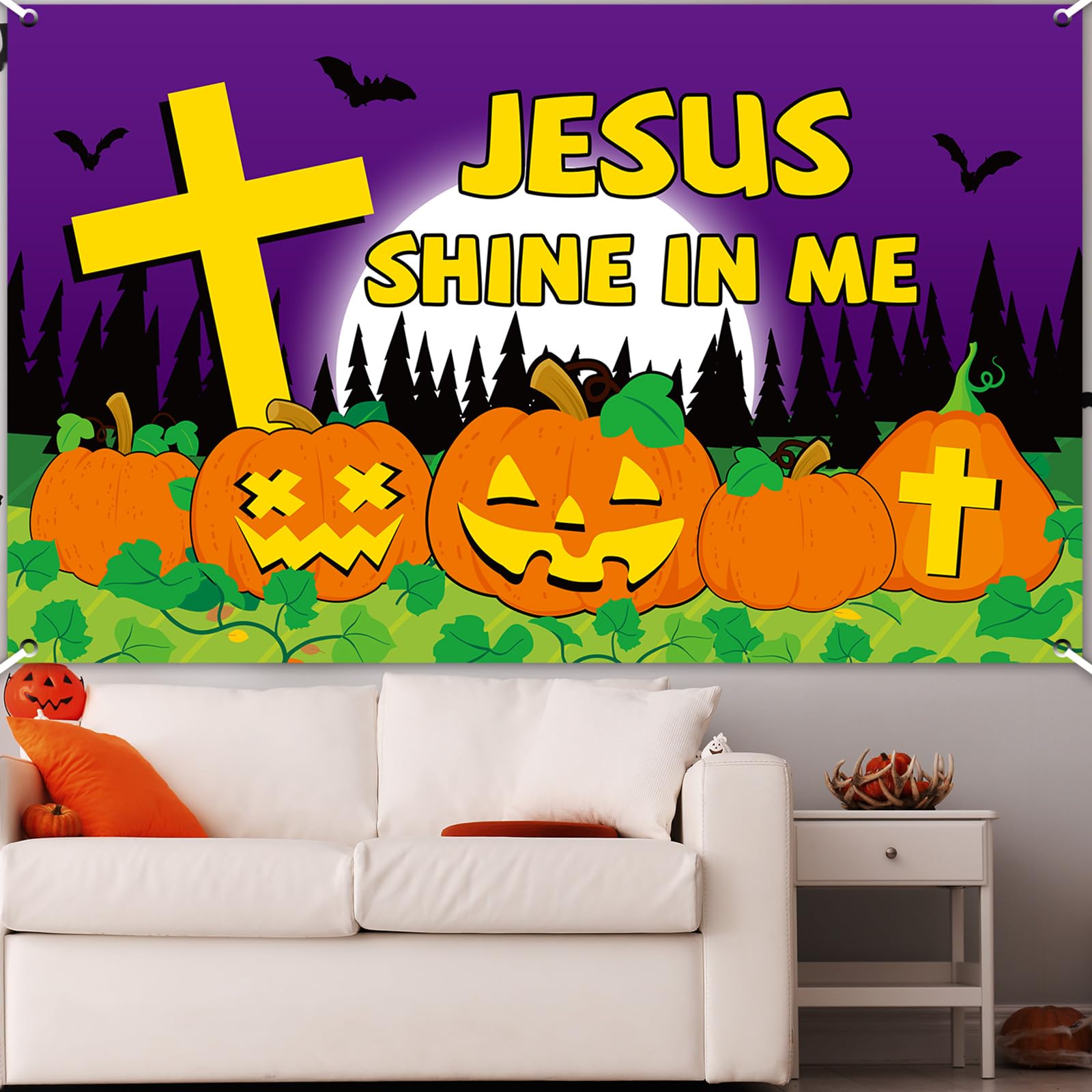 Halloween Christian Pumpkin Backdrop Banner Let Jesus Light Your Way Party Decor Halloween Jesus Pumpkin Background Wall Decor Halloween Religious Supplies for Kids Sunday School Decor 71 x 43 inch