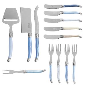 french home laguiole 13-piece charcuterie utensil set – three-rivet shades of blue handles with iconic bee emblem, includes fork-tipped spear, fork set, butter spreader & more