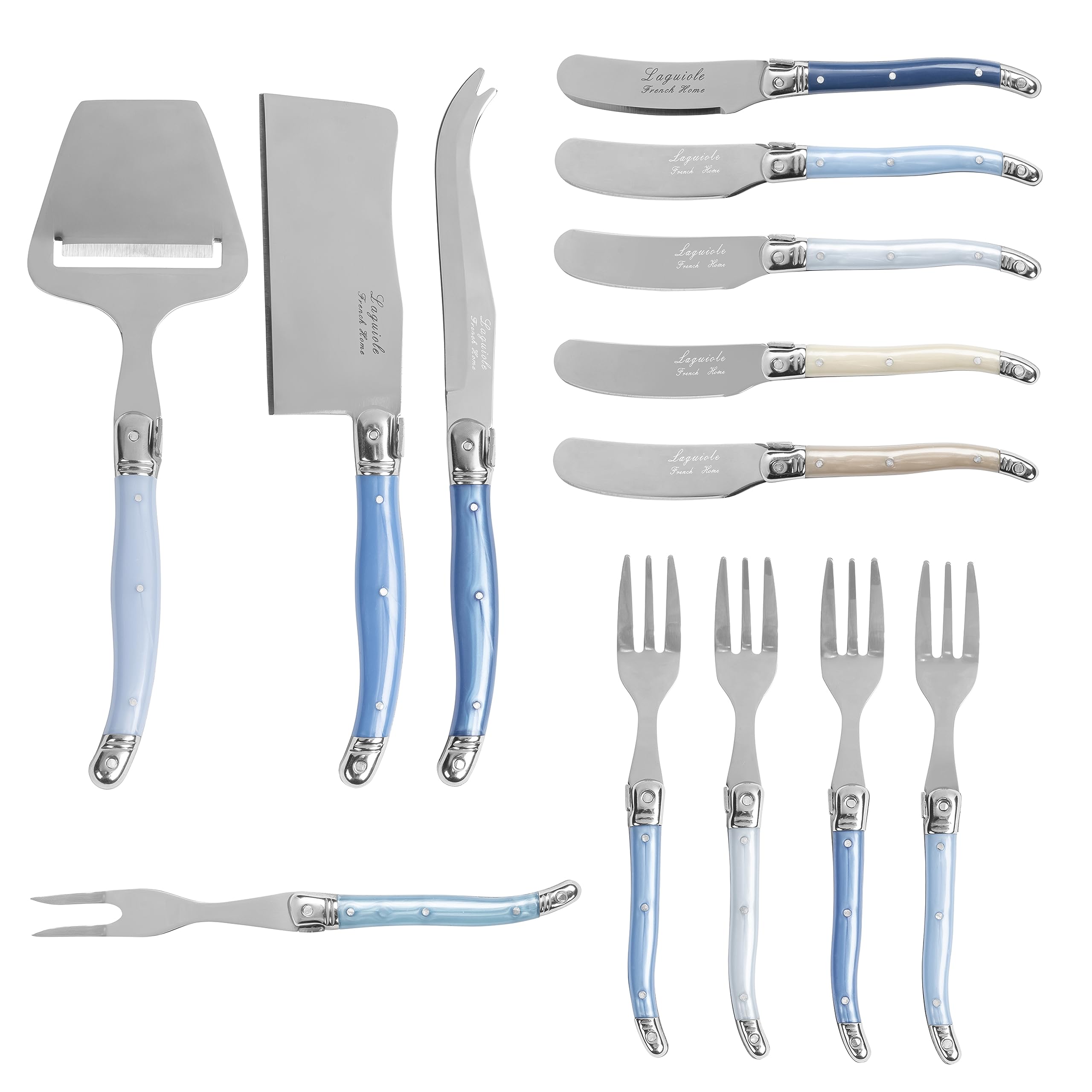 French Home Laguiole 13-Piece Charcuterie Utensil Set – Three-Rivet Shades of Blue Handles with Iconic Bee Emblem, Includes Fork-Tipped Spear, Fork Set, Butter Spreader & More