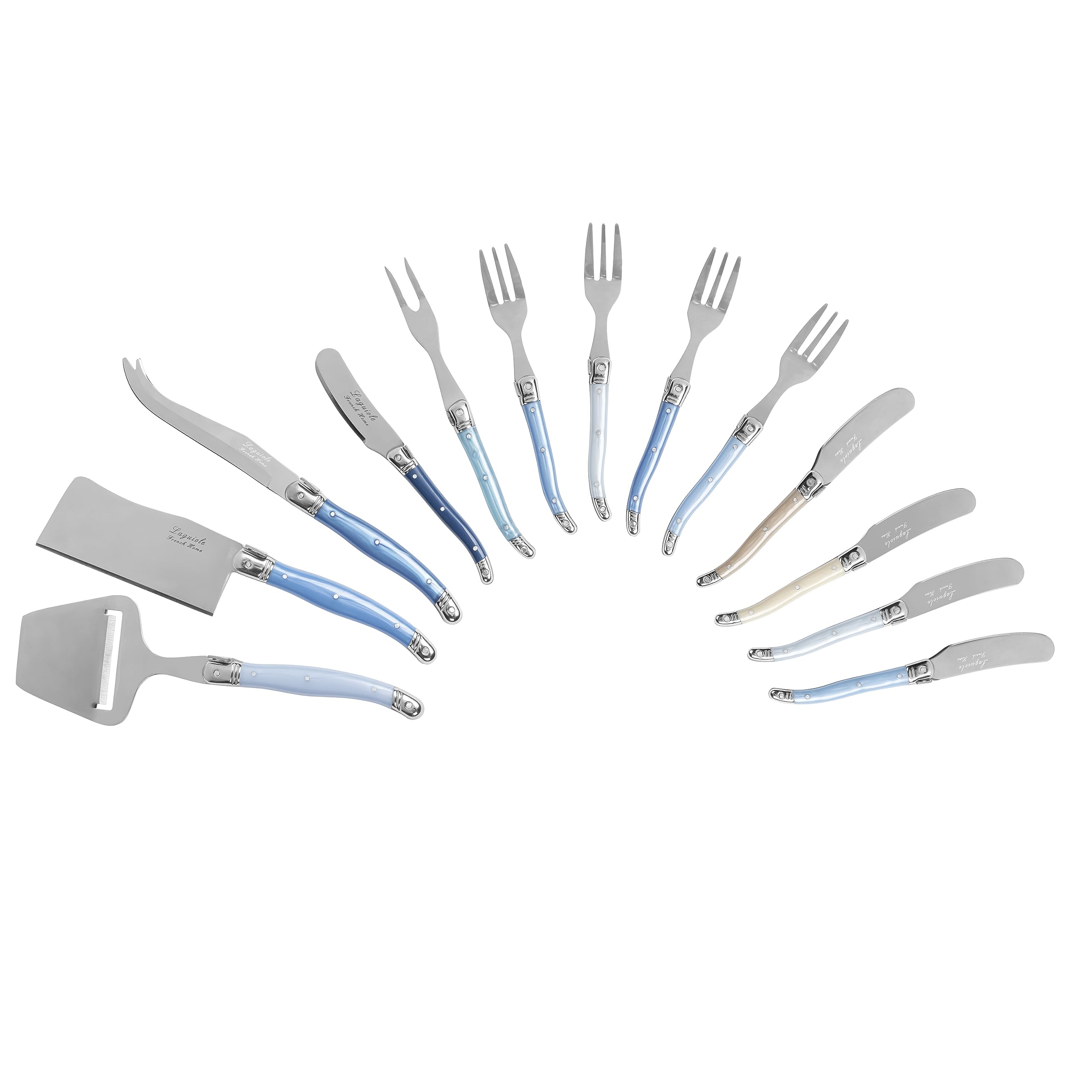 French Home Laguiole 13-Piece Charcuterie Utensil Set – Three-Rivet Shades of Blue Handles with Iconic Bee Emblem, Includes Fork-Tipped Spear, Fork Set, Butter Spreader & More