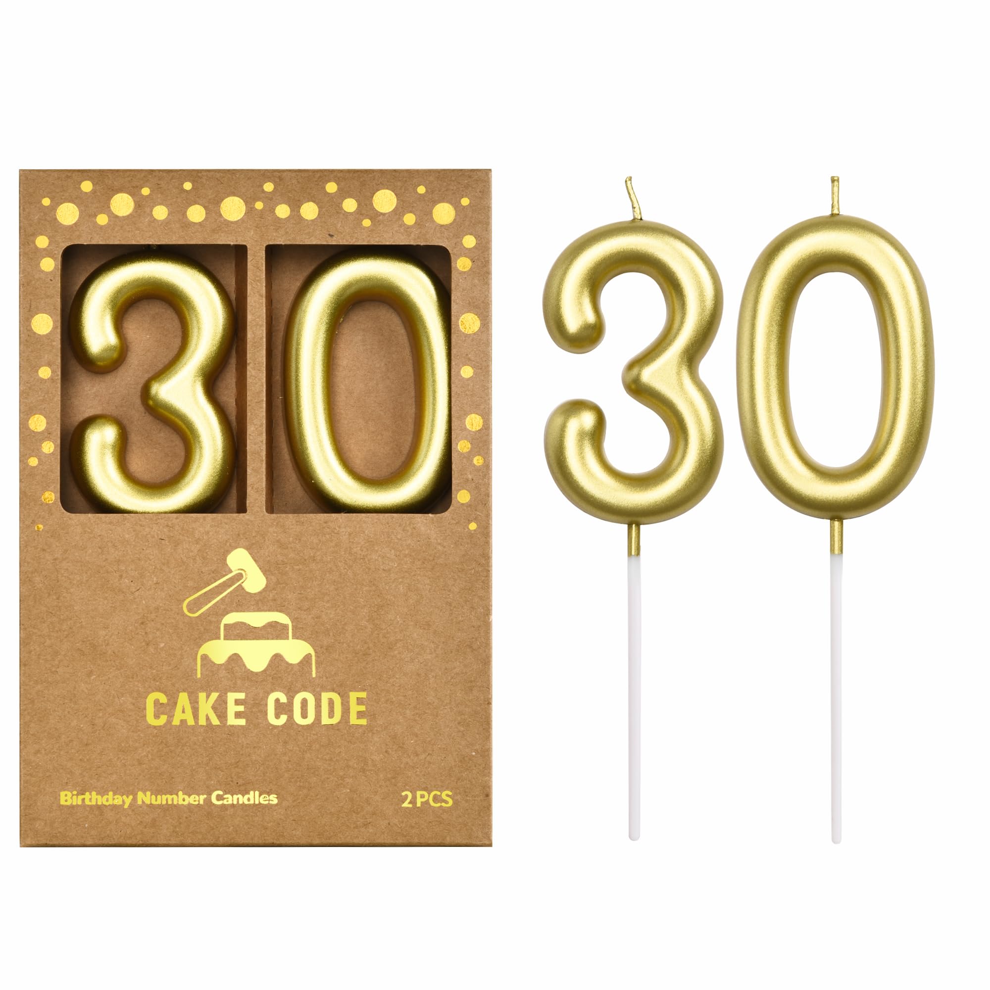 CAKE CODE 2.76 Inch Classical Gold 30 Number Birthday Candles, Gold Number Candles, Cake Number Candles, Party Celebration