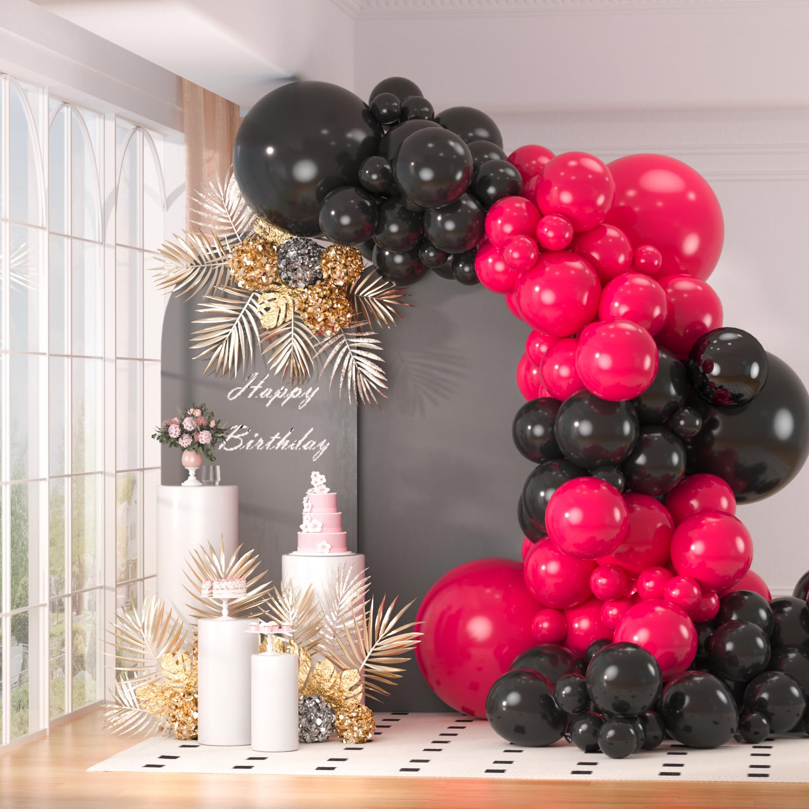 130pcs Black And Hot Pink Balloon Garland Arch Kit, 18" 12" 10" 5" Latex Balloon Set for Baby Shower Birthday Wedding Bachelor Party Decorations Supplies