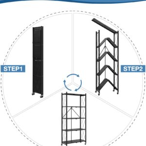 ALANNG 70.7" H Metal Storage Shelves, 5 Tier Folding Storage Shelves on Wheels, Heavy Duty Collapsible Shelving Unit, No Assembly Storage Rack for Kitchen, Basement, Pantry (Black,1 Pack)