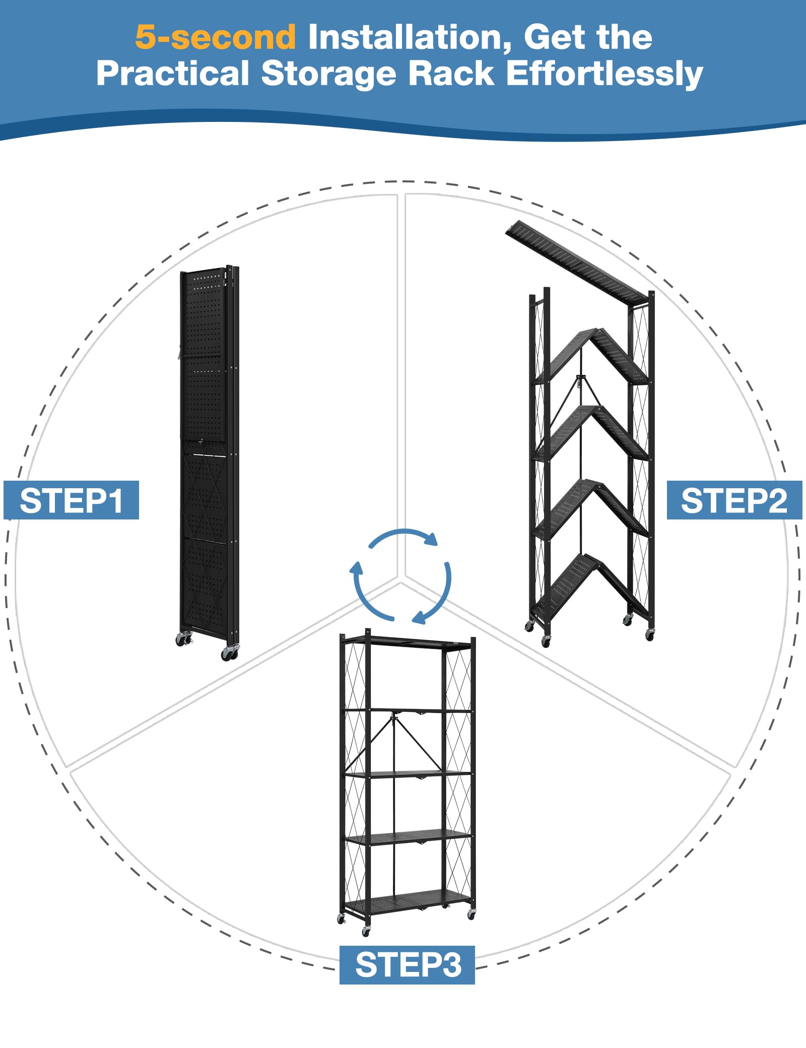 ALANNG 70.7" H Metal Storage Shelves, 5 Tier Folding Storage Shelves on Wheels, Heavy Duty Collapsible Shelving Unit, No Assembly Storage Rack for Kitchen, Basement, Pantry (Black,1 Pack)