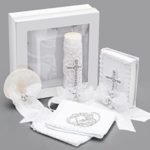 5 Pcs Baptism Candle Set for Boys Girls Included Candle Baptismal Devotional Candle, Baptism Towel, Rosary, Bible, Shell Kit with Pearls Details for Christenings Favor (Cross,Silver)