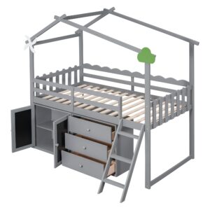 CITYLIGHT Twin Size House Loft Bed with Storage Cabinet and 3 Drawers, Wood Loft Bed Twin with Roof, Blackboards and Guardrail, Kids Playhouse Bed Twin for Teens, Boys, Girls, Grey