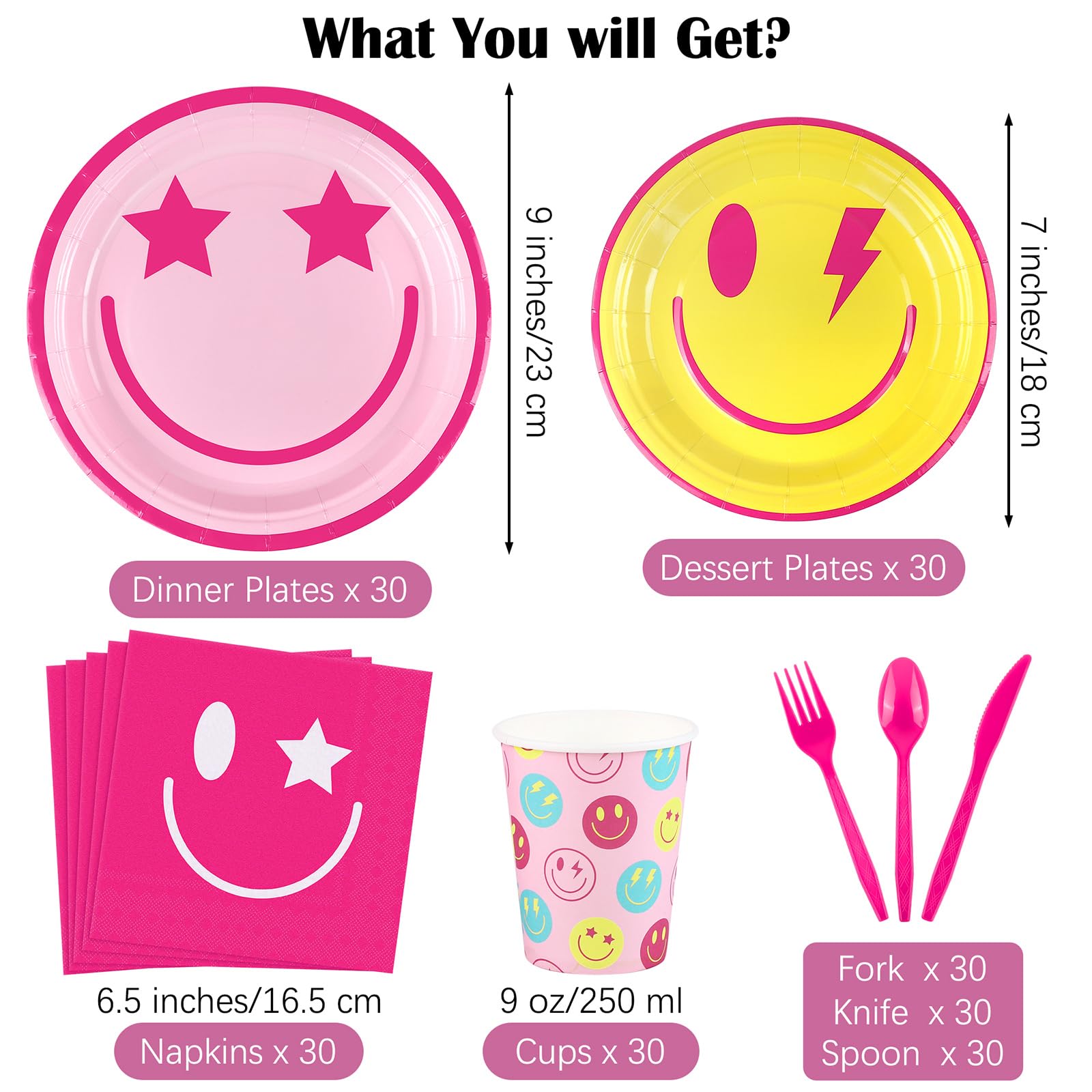 durony 210 Pieces Preppy Smiley Face Party Tableware Set Paper Smile Face Plates Napkins Paper Cups Cutlery for Preppy Birthday Party Supplies Baby Shower Decor, Serve 30 Guest