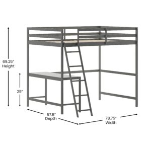 BizChair Loft Bed Frame with Desk - Light Gray Wood Slats - Full Size - Protective Guard Rails & Ladder - Kids and Teens - Space Saving Design