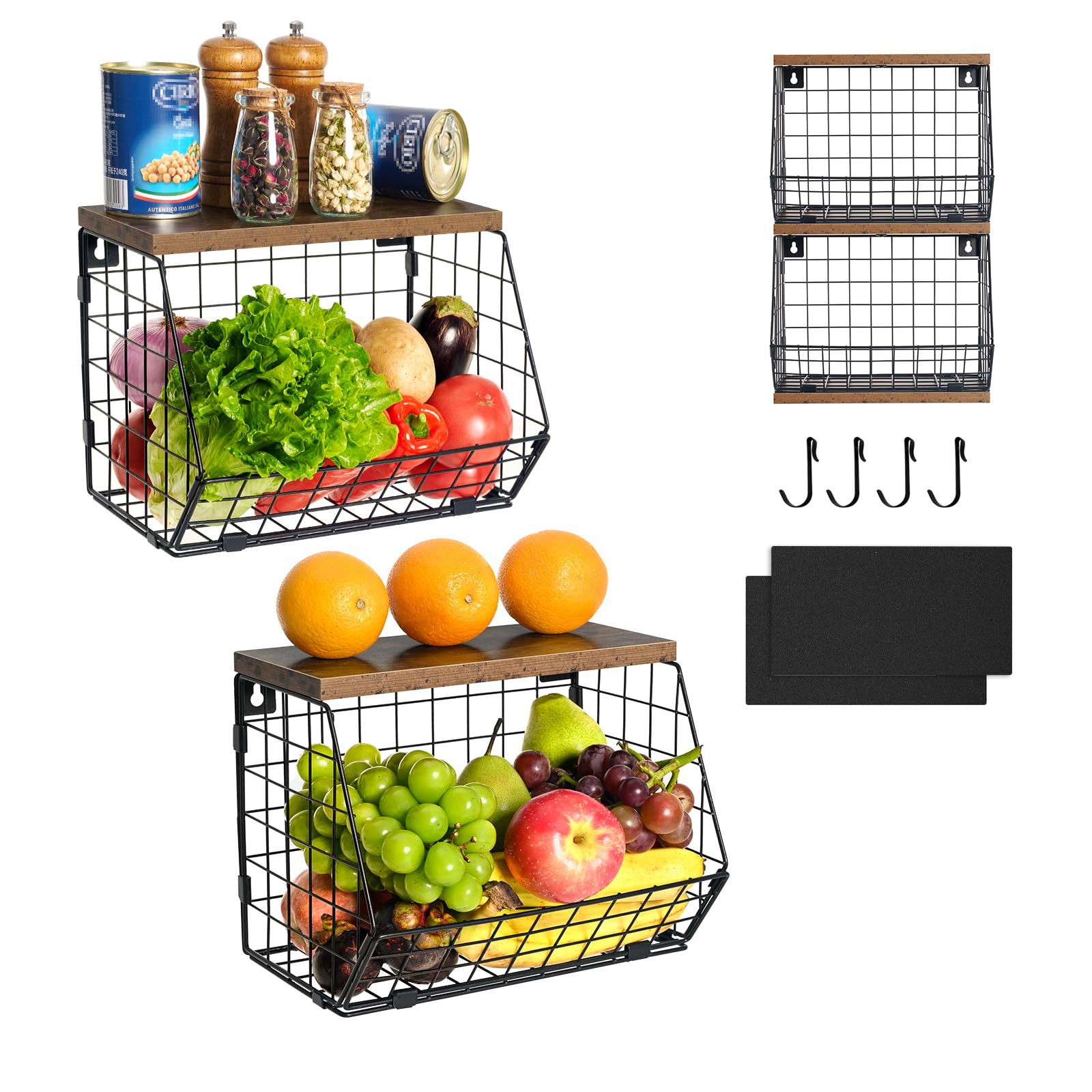 2 Pack Stackable Fruit Baskets with Wood Lid for Kitchen Counter, Wall-Mountable Hanging Wire Baskets with 4 Banana Hanger Hooks, Kitchen Organizers and Storage for Vegetable Onion Potato