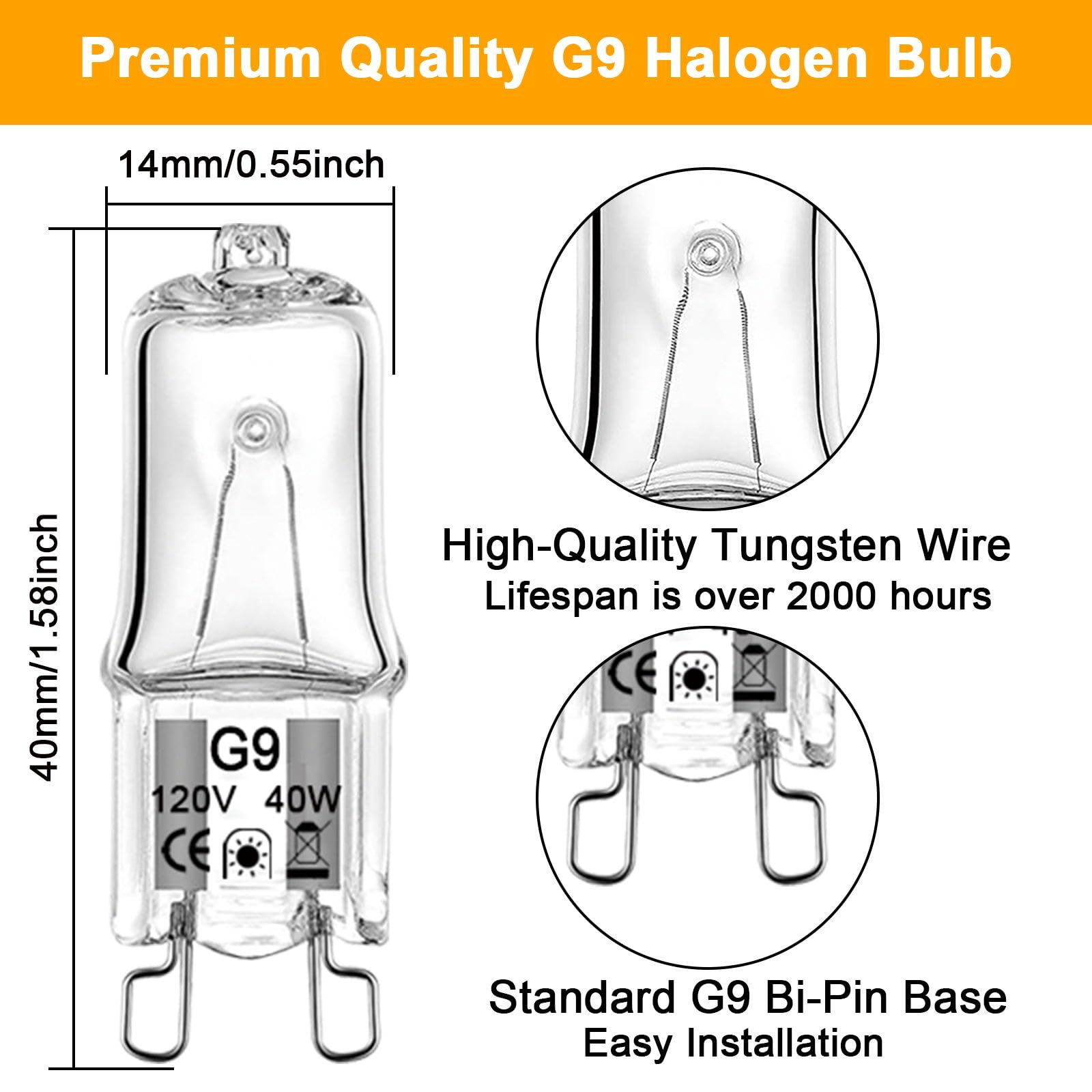 G9 Bulb, 12 Pack G9 Halogen Bulb 40 Watt 120V T4 JCD Type, Dimmable with Long Lasting Lifespan, G9 Halogen Light Bulbs 2 Pin for Chandeliers, Cabinet Lights, Range Hood Lights, 2700K Warm White