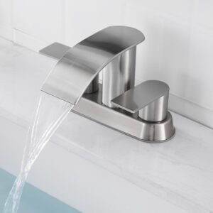 Waterfall Bathroom Sink Faucet 4 Inch Brushed Nickel Faucet Bathroom with Pop Up Drain 2 or 3 Holes Bathroom Basin Lavatory Mixer Tap with Deck Mount Plate