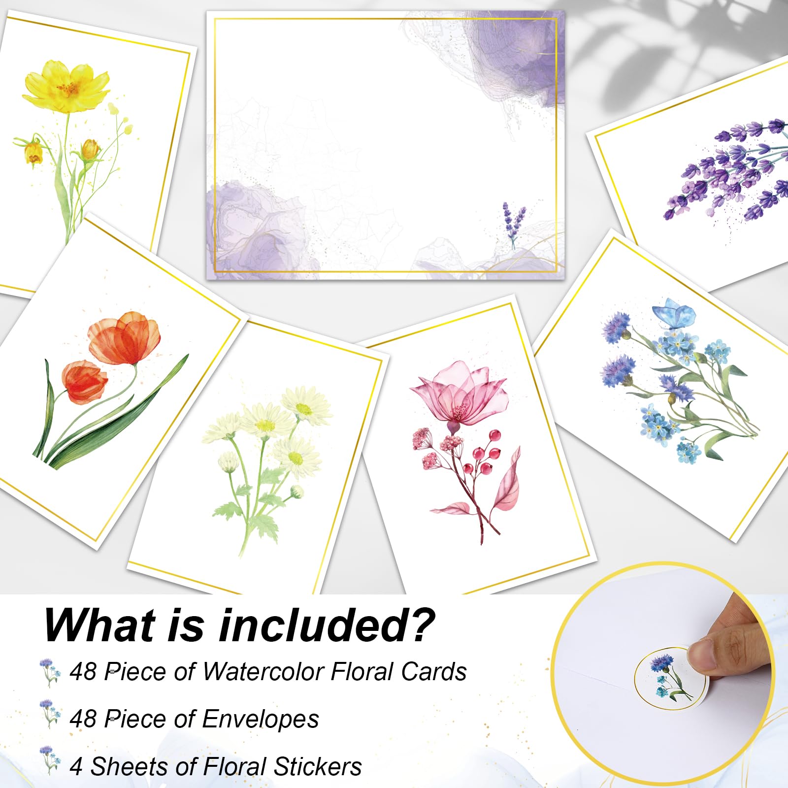 48PCS Floral Blank Cards with Envelopes & Stickers Beautiful Watercolor Floral Greeting Cards All Occasion Greeting Cards,Thinking Of You,Cute Thank You Stationary Notecards for Birthday Party Favors