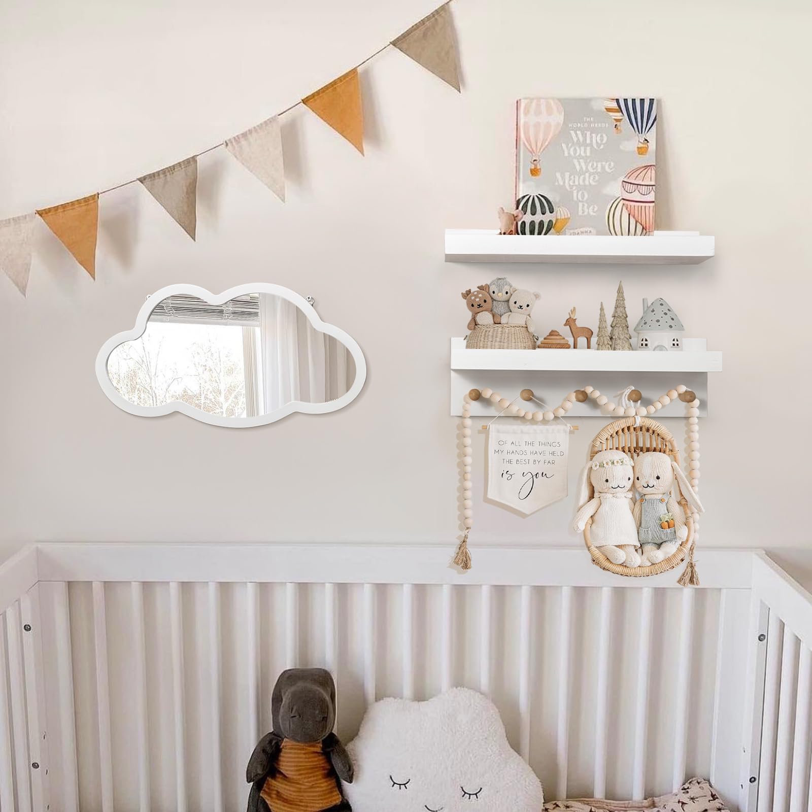 COMAX Nursery Floating Book Shelves with Wall Mirror, Wall Bookshelf for Kids Room Bedroom, Hanging Nursery Book Shelves Wall Mounted Bookshelves, Hanging Baby Book Shelf Nursery Shelves White