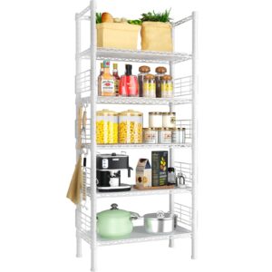 futassi metal storage rack, storage organizer shelves for kitchen, bathroom, living room, balcony and garage, 5 tiers narrow bookshelf, 21.2" w x 9.4" d x 59.2" h, load 400lbs, white