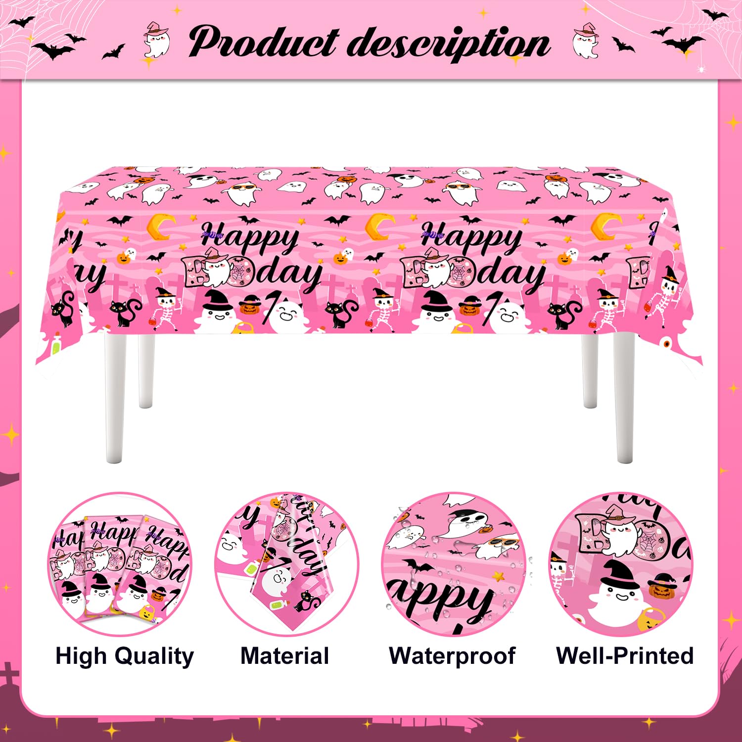 LARRAZABAL 3Pcs Happy Boo Day Tablecloth, Pink Halloween Plastic Tablecloth Disposable Ghost Theme Table Cover for Halloween Birthday Party Supplies, 54 x 108 Inch