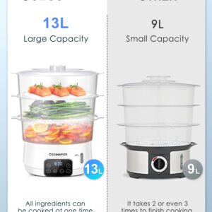 Cozeemax Electric Food Steamer for Cooking, 13.7QT Digital Vegetable Steamer 800W with 3 Tiers BPA Free Dishwasher Safe Lids and Stackable Baskets, Auto Shut-off, Boil Dry Protection (White)