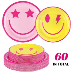 durony 210 Pieces Preppy Smiley Face Party Tableware Set Paper Smile Face Plates Napkins Paper Cups Cutlery for Preppy Birthday Party Supplies Baby Shower Decor, Serve 30 Guest