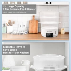 Cozeemax Electric Food Steamer for Cooking, 13.7QT Digital Vegetable Steamer 800W with 3 Tiers BPA Free Dishwasher Safe Lids and Stackable Baskets, Auto Shut-off, Boil Dry Protection (White)