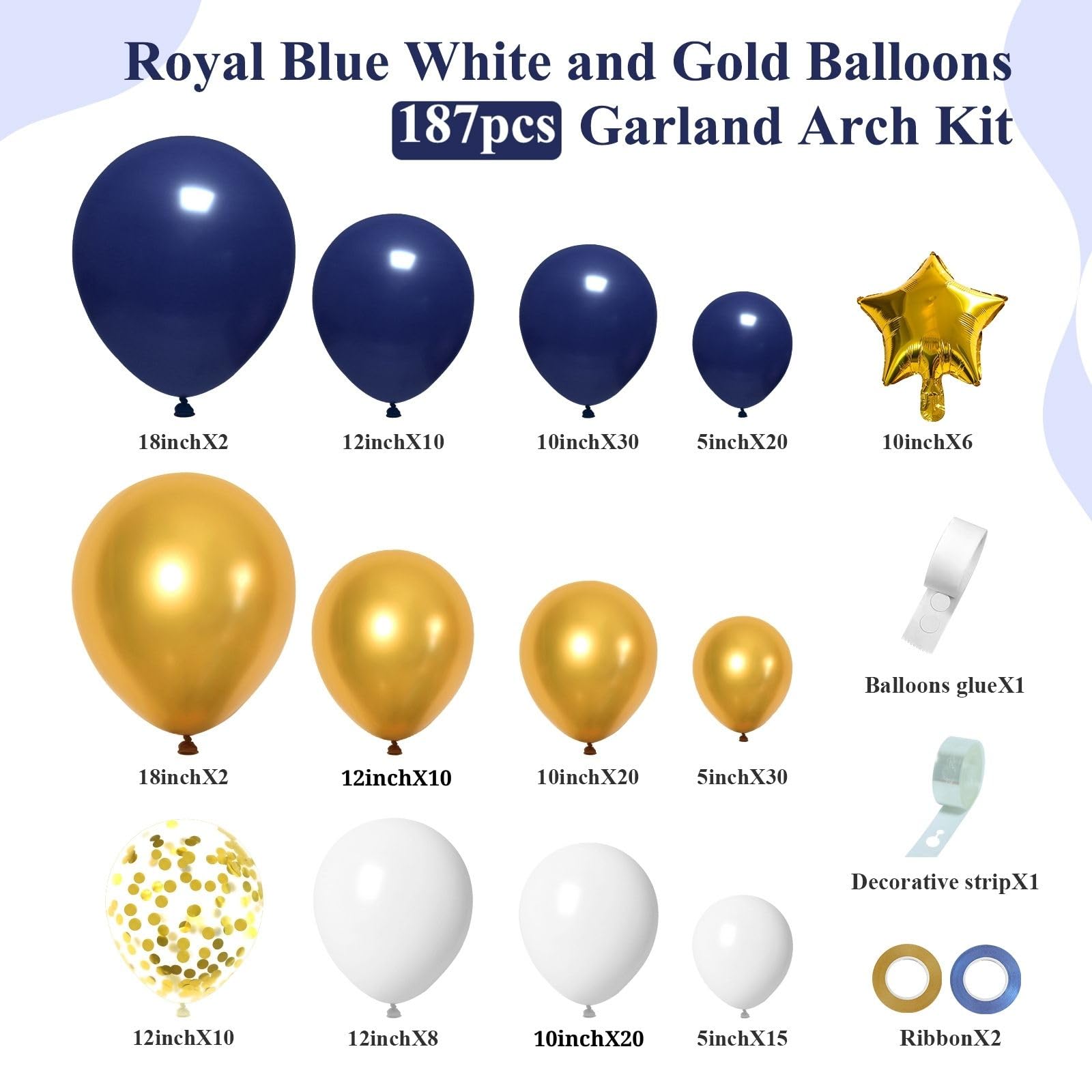 187pcs Navy Blue and Gold Balloons Arch Garland Kit, 5 10 12 18 inch Royal Blue Gold White Balloons with Gold Star Foil Balloons for Anniversary Wedding New Year Birthday Party Decorations