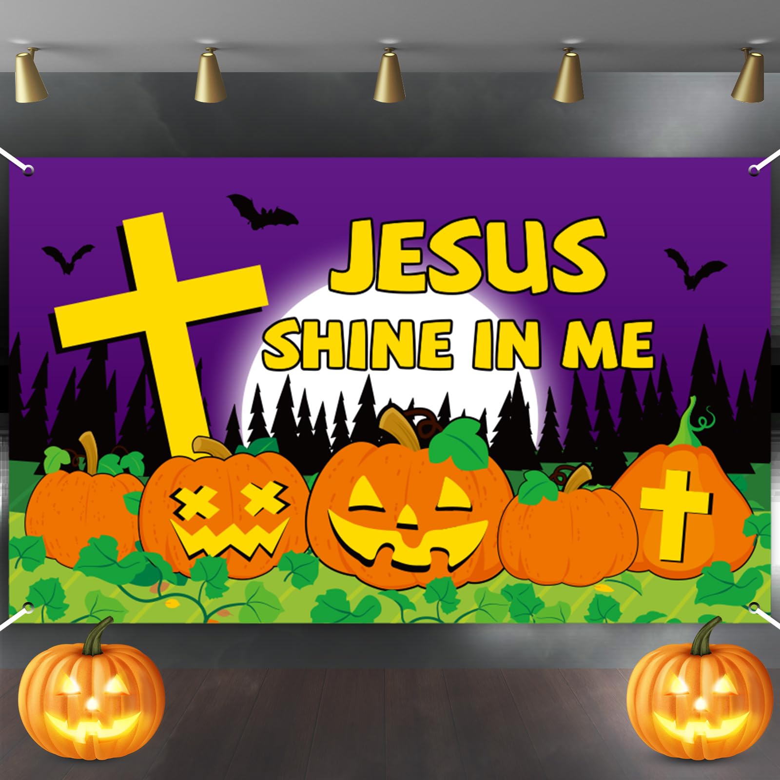 Halloween Christian Pumpkin Backdrop Banner Let Jesus Light Your Way Party Decor Halloween Jesus Pumpkin Background Wall Decor Halloween Religious Supplies for Kids Sunday School Decor 71 x 43 inch