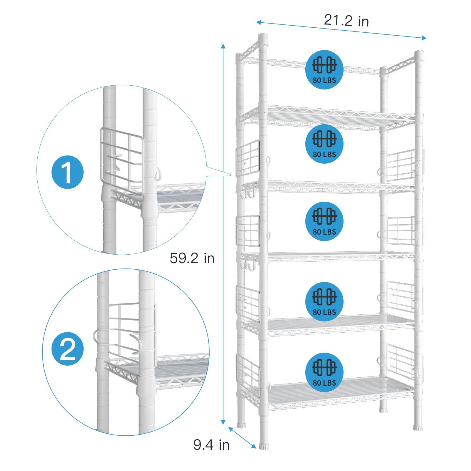 FUTASSI Metal Storage Rack, Storage Organizer Shelves for Kitchen, Bathroom, Living Room, Balcony and Garage, 5 Tiers Narrow Bookshelf, 21.2" W x 9.4" D x 59.2" H, Load 400lbs, White