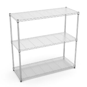 pouseayar 3 tier nsf metal shelf wire shelving unit, 1050lbs capacity heavy duty adjustable storage rack with shelf liners for closet kitchen garage basement, 48" h x 48" l x 18" d - chrome