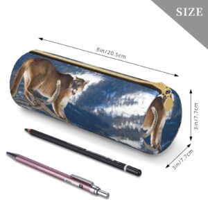 OUSIKA Panther Mountain Lion Round Pencil Bag Waterproof Leather Pen Case Makeup Bag Travel Toiletry Bag Organizer Case For Men Women