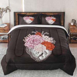 pinbeam comforter set queen size, anatomy vintage floral flower soft bedding set for kids and adults, love halloween gothic comforter set with 2 pillowcases for bedroom bed decor