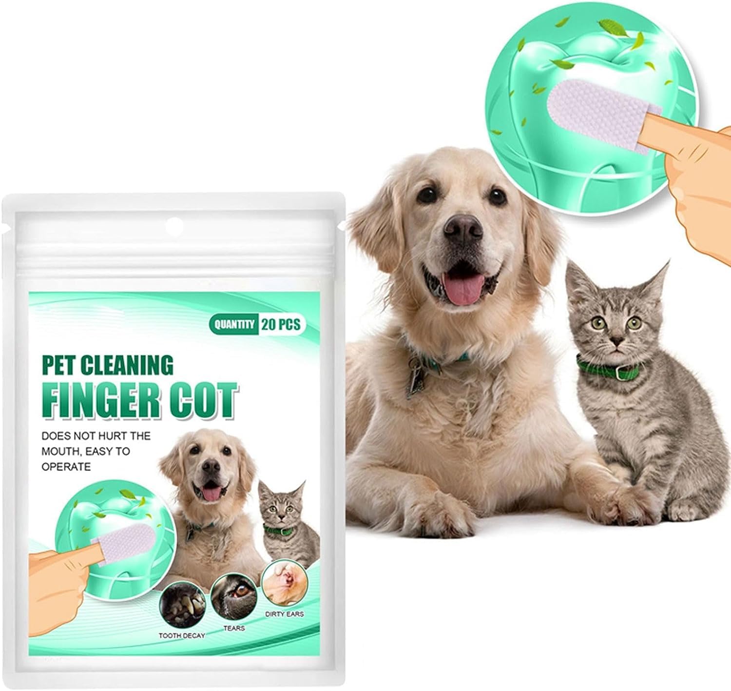 20PCS Teeth Cleaning Finger Wipes,Dog Eye WipesCleaning Wipes for Pet Teeth and Finger Covers, for Cleaning Teeth Ears and Eyes Suitable for Dogs and Cats Removes Dirt and Discharge