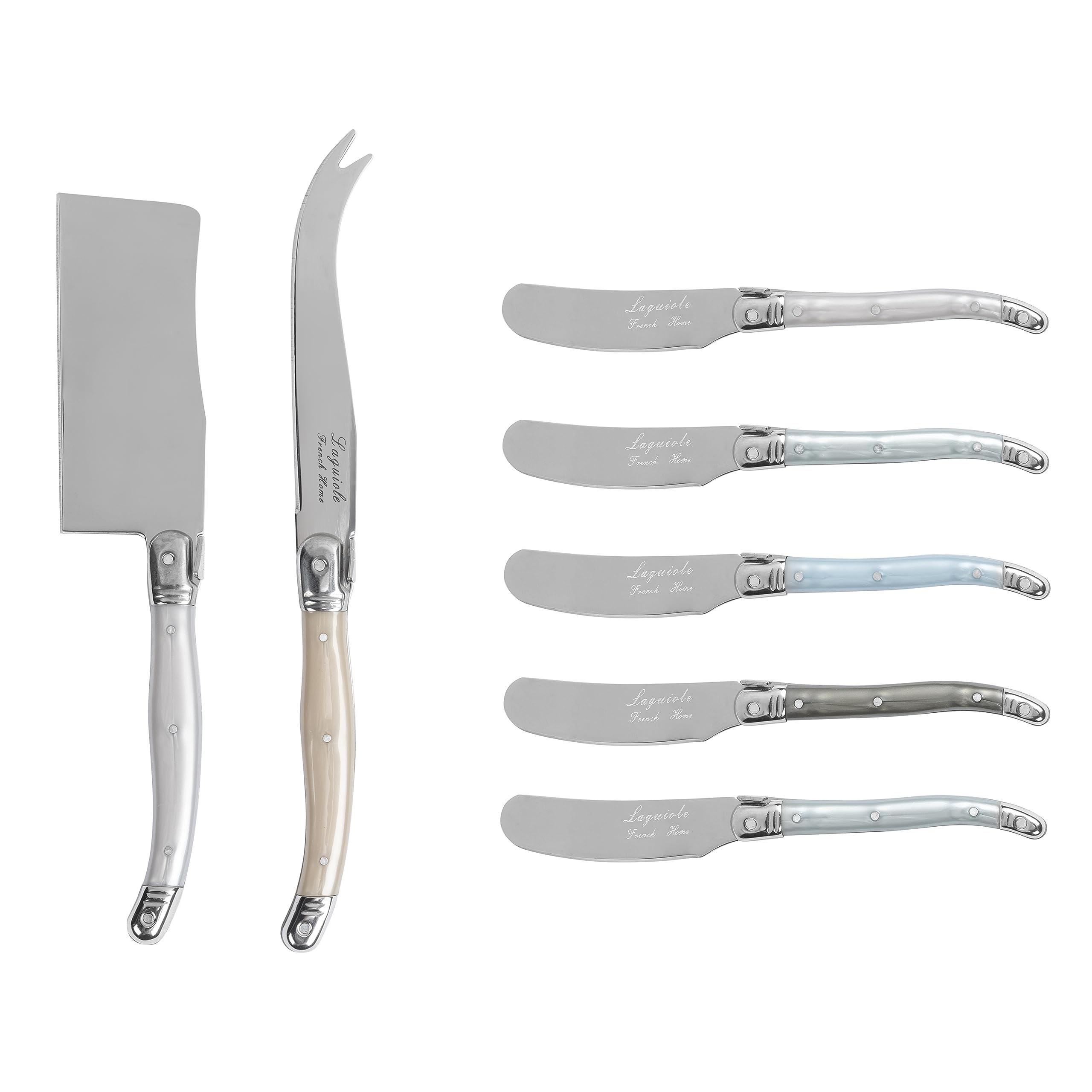 French Home 7 Piece Laguiole Cheese Knife and Spreader Set with Mother of Pearl Handles – Cutlery Set Cheese – Cheese Spreader Knives – Stainless Steel Knives – Cheese Serving Utensil Set