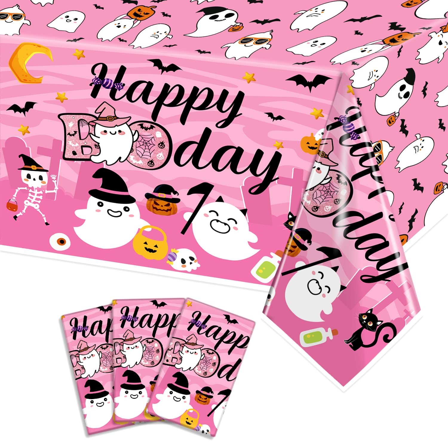 LARRAZABAL 3Pcs Happy Boo Day Tablecloth, Pink Halloween Plastic Tablecloth Disposable Ghost Theme Table Cover for Halloween Birthday Party Supplies, 54 x 108 Inch