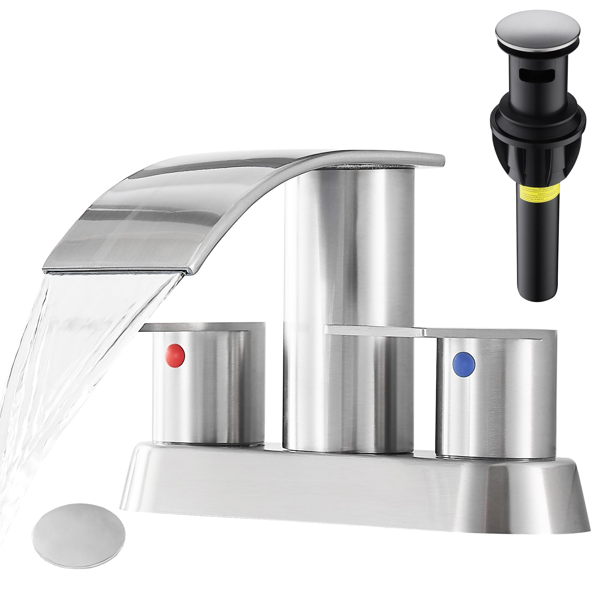 Waterfall Bathroom Sink Faucet 4 Inch Brushed Nickel Faucet Bathroom with Pop Up Drain 2 or 3 Holes Bathroom Basin Lavatory Mixer Tap with Deck Mount Plate