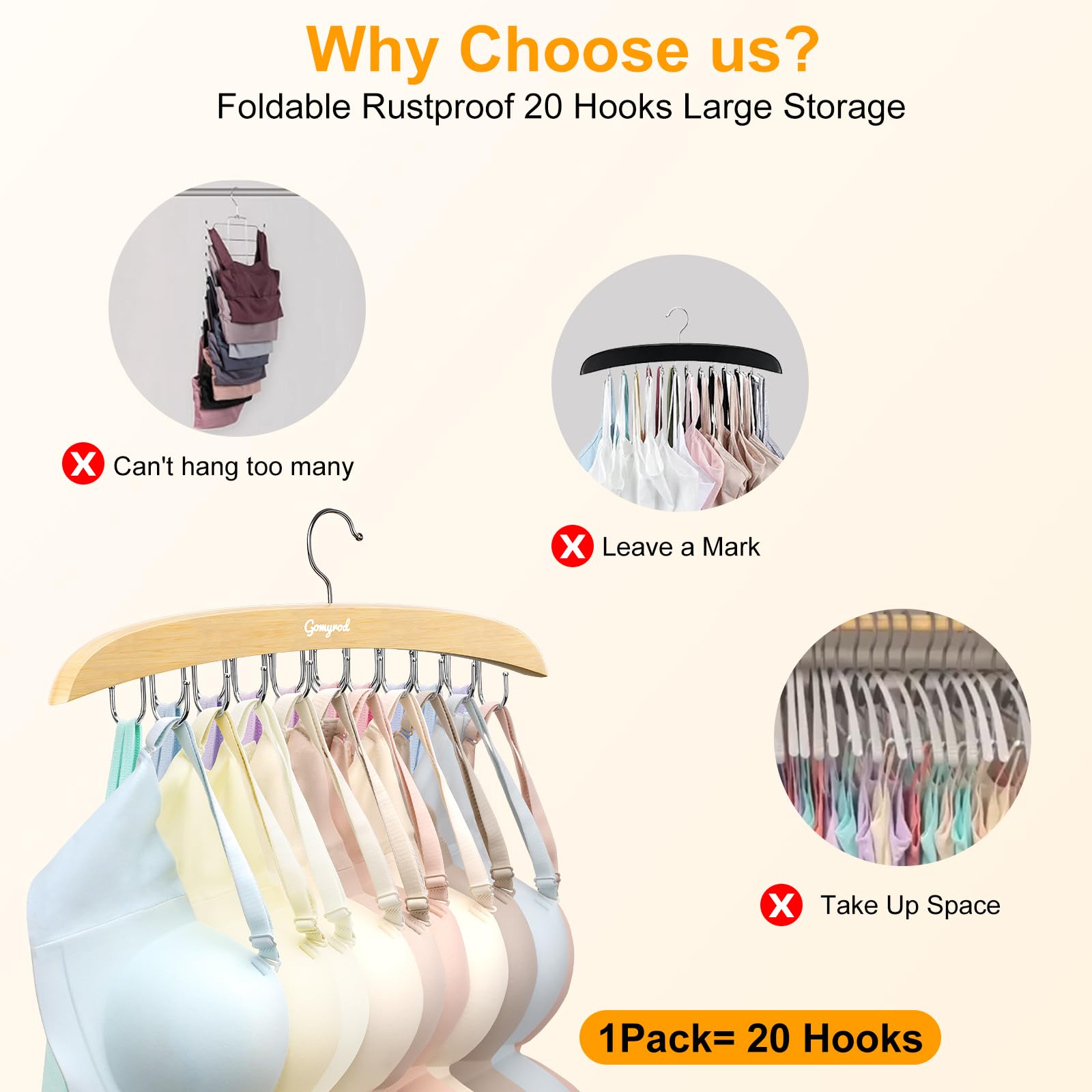 Bra Hanger for Closet, 2 Pack w/20 Hooks Tank Top Hanger Space Saving Holds 40 Bras, Premium Wooden Metals Hook Foldable Tank Top Organizer, 360°Rotating Closet Organizers and Storage for Dorm