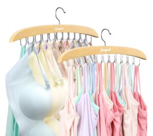 bra hanger for closet, 2 pack w/20 hooks tank top hanger space saving holds 40 bras, premium wooden metals hook foldable tank top organizer, 360°rotating closet organizers and storage for dorm