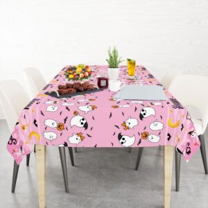 LARRAZABAL 3Pcs Happy Boo Day Tablecloth, Pink Halloween Plastic Tablecloth Disposable Ghost Theme Table Cover for Halloween Birthday Party Supplies, 54 x 108 Inch