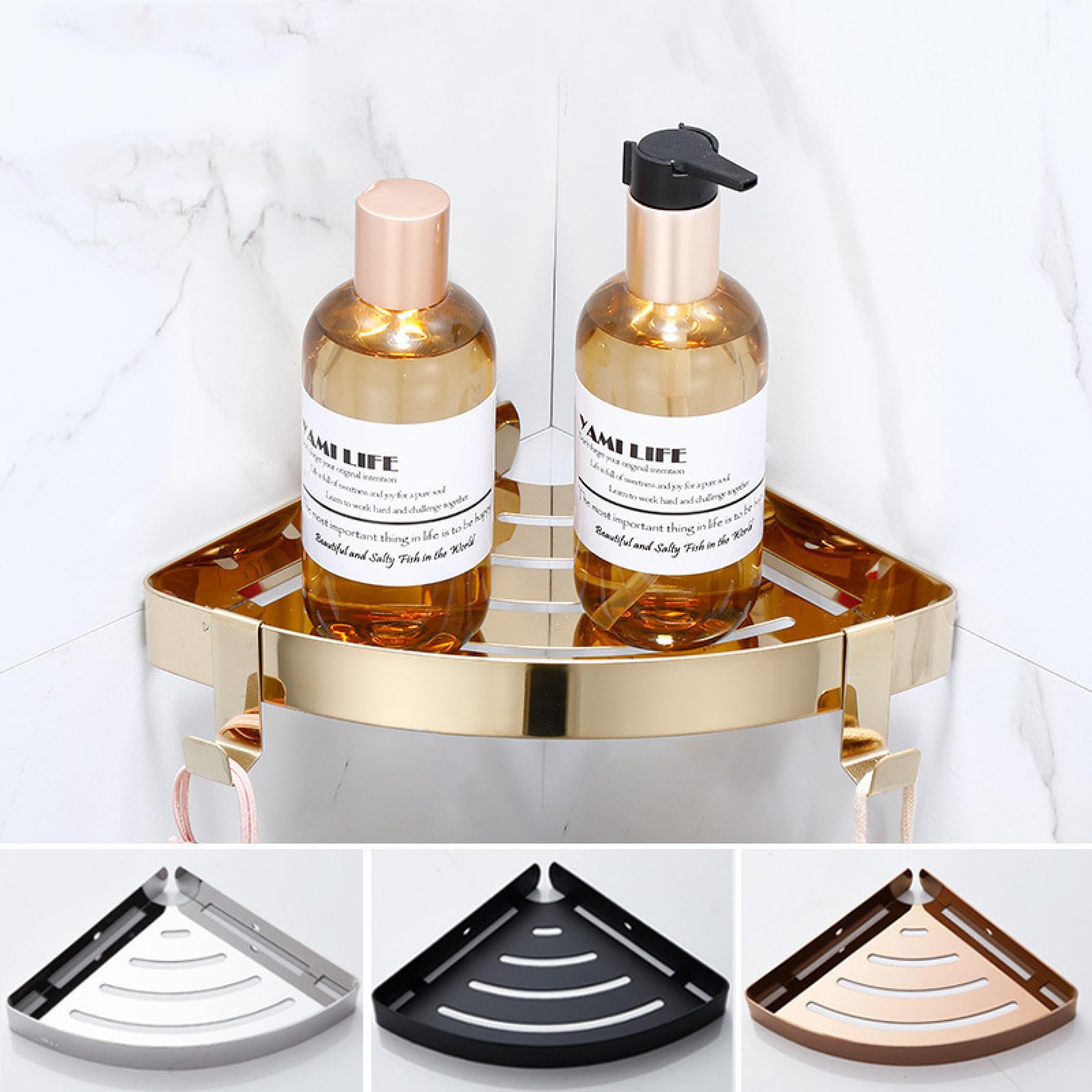 Bathroom Triangular Shelf, Toilet Corner Storage, Rose Gold Small Triangle Single Layer with Hook